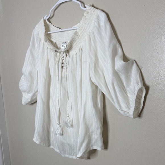 LASCANA for VENUS White Lace Up Peasant Blouse Tassel Boho Top 1X - Picture 2 of 10